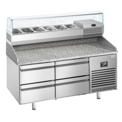 Stół chłodniczy do pizzy PREMIUM PLUS - 1490x700mm - z blatem granitowym - 4 szuflady - z nadstawką chłodniczą - 6x GN 1/4