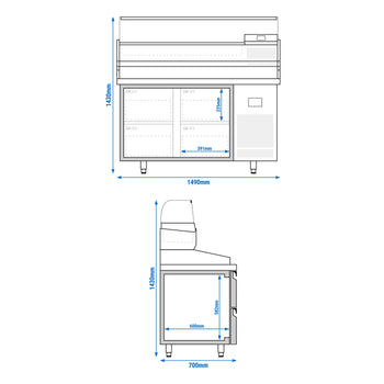 Stół chłodniczy do pizzy PREMIUM PLUS - 1490x700mm - z 4 szufladami - włącznie z witryną chłodniczą nadstawną - 6x GN 1/4 - Prime Gastro