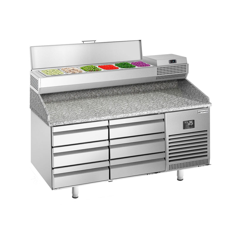 Stół chłodniczy do pizzy PREMIUM PLUS - 1490x700mm - z blatem granitowym - 6 szuflad - z nadstawką chłodniczą - 6x GN 1/4