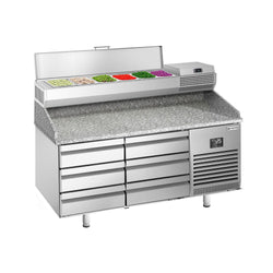 Stół chłodniczy do pizzy PREMIUM PLUS - 1490x700mm - z blatem granitowym - 6 szuflad - z nadstawką chłodniczą - 6x GN 1/4