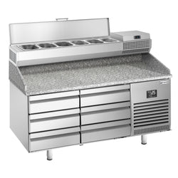 Stół chłodniczy do pizzy PREMIUM PLUS - 1490x700mm - z blatem granitowym - 6 szuflad - z nadstawką chłodniczą - 6x GN 1/4