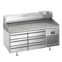 Stół chłodniczy do pizzy PREMIUM PLUS - 1490x700mm - z blatem granitowym - 6 szuflad - z nadstawką chłodniczą - 6x GN 1/4