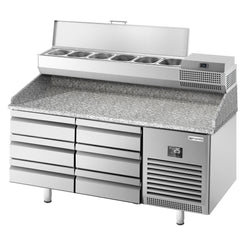 Stół chłodniczy do pizzy PREMIUM PLUS - 1490x700mm - z blatem granitowym - 6 szuflad - z nadstawką chłodniczą - 6x GN 1/4