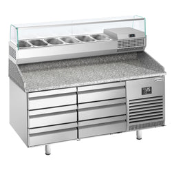 Stół chłodniczy do pizzy PREMIUM PLUS - 1490x700mm - z blatem granitowym - 6 szuflad - z nadstawką chłodniczą - 6x GN 1/4