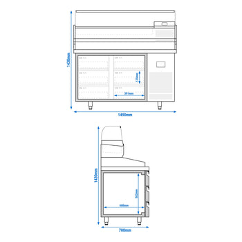 Stół chłodniczy do pizzy PREMIUM PLUS - 1490x700mm - z 6 szufladami - włącznie z witryną chłodniczą nadstawną - 6x GN 1/4 - Prime Gastro