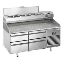 Stół chłodniczy do pizzy PREMIUM PLUS - 1490x700mm - z blatem granitowym - 4 szuflady - z nadstawką chłodniczą - 6x GN 1/4