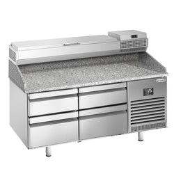 Stół chłodniczy do pizzy PREMIUM PLUS - 1490x700mm - z blatem granitowym - 4 szuflady - z nadstawką chłodniczą - 6x GN 1/4