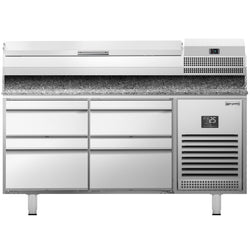 Stół chłodniczy do pizzy PREMIUM PLUS - 1490x700mm - z blatem granitowym - 4 szuflady - z nadstawką chłodniczą - 6x GN 1/4