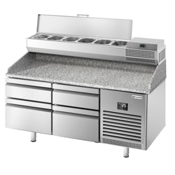 Stół chłodniczy do pizzy PREMIUM PLUS - 1490x700mm - z blatem granitowym - 4 szuflady - z nadstawką chłodniczą - 6x GN 1/4