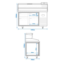 Stół chłodniczy do pizzy PREMIUM PLUS - 1490x700mm - z 4 szufladami - włącznie z witryną chłodniczą nadstawną - 6x GN 1/4