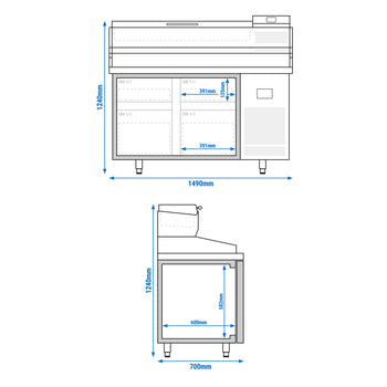 Stół chłodniczy do pizzy PREMIUM PLUS - 1490x700mm - z 4 szufladami - włącznie z witryną chłodniczą nadstawną - 6x GN 1/4 - Prime Gastro