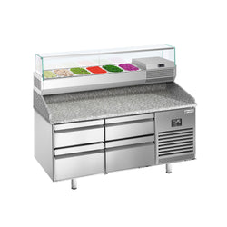 Stół chłodniczy do pizzy Premium PLUS – 1490 x 700 mm – z 4 szufladami – wraz z witryną chłodniczą – 6 x GN 1/4
