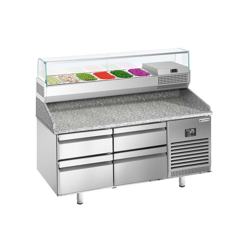 Stół chłodniczy do pizzy Premium PLUS – 1490 x 700 mm – z 4 szufladami – wraz z witryną chłodniczą – 6 x GN 1/4