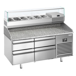 Stół chłodniczy do pizzy Premium PLUS – 1490 x 700 mm – z 4 szufladami – wraz z witryną chłodniczą – 6 x GN 1/4