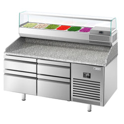 Stół chłodniczy do pizzy Premium PLUS – 1490 x 700 mm – z 4 szufladami – wraz z witryną chłodniczą – 6 x GN 1/4