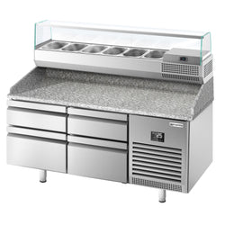 Stół chłodniczy do pizzy Premium PLUS – 1490 x 700 mm – z 4 szufladami – wraz z witryną chłodniczą – 6 x GN 1/4