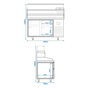 Stół chłodniczy do pizzy PREMIUM PLUS - 1490x700mm - z 4 szufladami - włącznie z witryną chłodniczą nadstawną - 6x GN 1/4 - Prime Gastro