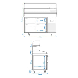 Stół chłodniczy do pizzy Premium PLUS – 1490 x 700 mm – z 4 szufladami – wraz z witryną chłodniczą – 6 x GN 1/4