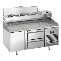 Stół chłodniczy do pizzy PREMIUM PLUS - 1490x700mm - z blatem granitowym - 1‑drzwiowy, 2 szuflady - z nadstawką chłodniczą - 6x GN 1/4