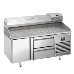 Stół chłodniczy do pizzy PREMIUM PLUS - 1490x700mm - z blatem granitowym - 1‑drzwiowy, 2 szuflady - z nadstawką chłodniczą - 6x GN 1/4