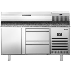Stół chłodniczy do pizzy PREMIUM PLUS - 1490x700mm - z blatem granitowym - 1‑drzwiowy, 2 szuflady - z nadstawką chłodniczą - 6x GN 1/4