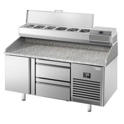 Stół chłodniczy do pizzy PREMIUM PLUS - 1490x700mm - z blatem granitowym - 1‑drzwiowy, 2 szuflady - z nadstawką chłodniczą - 6x GN 1/4