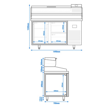 Stół chłodniczy do pizzy PREMIUM PLUS - 1490x700mm - z 1 drzwiami & 2 szufladami - włącznie z witryną chłodniczą nadstawną - 6x GN 1/4 - Prime Gastro