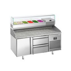 Stół chłodniczy do pizzy PREMIUM PLUS - 1490x700mm - z blatem granitowym - 1‑drzwiowy, 2 szuflady - z nadstawką chłodniczą - 6x GN 1/4