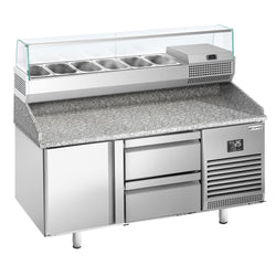 Stół chłodniczy do pizzy PREMIUM PLUS - 1490x700mm - z blatem granitowym - 1‑drzwiowy, 2 szuflady - z nadstawką chłodniczą - 6x GN 1/4
