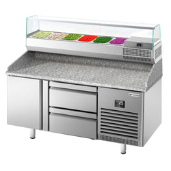 Stół chłodniczy do pizzy PREMIUM PLUS - 1490x700mm - z blatem granitowym - 1‑drzwiowy, 2 szuflady - z nadstawką chłodniczą - 6x GN 1/4