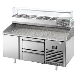 Stół chłodniczy do pizzy PREMIUM PLUS - 1490x700mm - z blatem granitowym - 1‑drzwiowy, 2 szuflady - z nadstawką chłodniczą - 6x GN 1/4
