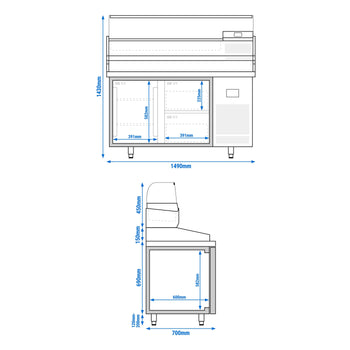 Stół chłodniczy do pizzy PREMIUM PLUS - 1490x700mm - z 1 drzwiami & 2 szufladami - włącznie z witryną chłodniczą nadstawną - 6x GN 1/4 - Prime Gastro