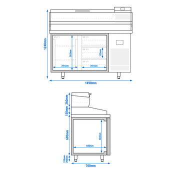 Stół chłodniczy do pizzy PREMIUM PLUS - 1490x700 mm - z 1 drzwiami & 3 szufladami - włącznie z witryną chłodniczą nadstawną - 6x GN 1/4 - Prime Gastro