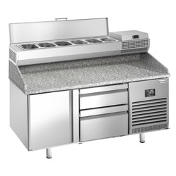Stół chłodniczy do pizzy PREMIUM PLUS - 1490x700mm - z blatem granitowym - 1‑drzwiowy, 2 szuflady - z nadstawką chłodniczą - 6x GN 1/4