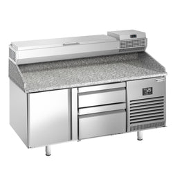 Stół chłodniczy do pizzy PREMIUM PLUS - 1490x700mm - z blatem granitowym - 1‑drzwiowy, 2 szuflady - z nadstawką chłodniczą - 6x GN 1/4