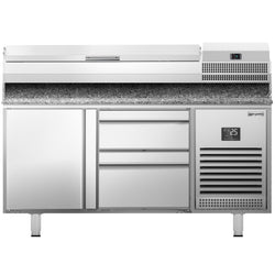 Stół chłodniczy do pizzy PREMIUM PLUS - 1490x700mm - z blatem granitowym - 1‑drzwiowy, 2 szuflady - z nadstawką chłodniczą - 6x GN 1/4