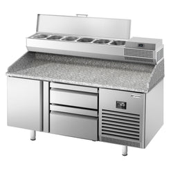 Stół chłodniczy do pizzy PREMIUM PLUS - 1490x700mm - z blatem granitowym - 1‑drzwiowy, 2 szuflady - z nadstawką chłodniczą - 6x GN 1/4