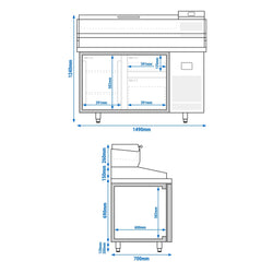 Stół chłodniczy do pizzy PREMIUM PLUS - 1490x700mm - z blatem granitowym - 1‑drzwiowy, 2 szuflady - z nadstawką chłodniczą - 6x GN 1/4