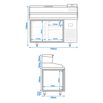 Stół chłodniczy do pizzy PREMIUM PLUS - 1490x700mm - z 1 drzwiami & 2 szufladami - włącznie z witryną chłodniczą nadstawną - 6x GN 1/4 - Prime Gastro