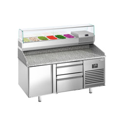 Stół chłodniczy do pizzy PREMIUM PLUS - 1490x700mm - z blatem granitowym - 1‑drzwiowy, 2 szuflady - z nadstawką chłodniczą z osłoną szklaną - 6x GN 1/4