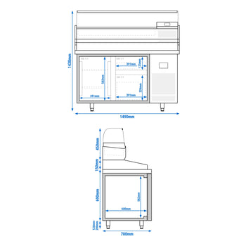Stół chłodniczy do pizzy PREMIUM PLUS - 1490x700mm - z 1 drzwiami & 2 szufladami - włącznie z witryną chłodniczą nadstawną - 6x GN 1/4 - Prime Gastro