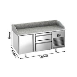 Stół chłodniczy do pizzy PREMIUM PLUS - 1490x700mm - z blatem granitowym - 1‑drzwiowy, 2 szuflady