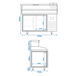 Stół chłodniczy do pizzy PREMIUM PLUS - 1490x700mm - z 2 drzwiami - włącznie z witryną chłodniczą nadstawną - 6x GN 1/4