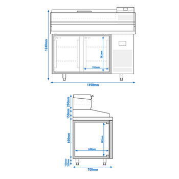 Stół chłodniczy do pizzy PREMIUM PLUS - 1490x700mm - z 2 drzwiami - włącznie z witryną chłodniczą nadstawną - 6x GN 1/4 - Prime Gastro
