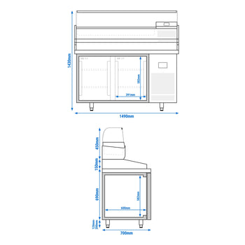 Stół chłodniczy do pizzy PREMIUM PLUS - 1490x700mm - z 2 drzwiami - włącznie z witryną chłodniczą nadstawną - 6x GN 1/4 - Prime Gastro