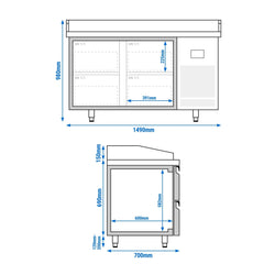 Stół chłodniczy do pizzy PREMIUM PLUS - 1490x700 mm - z 4 szufladami