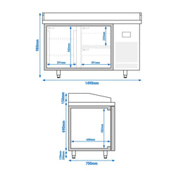 Stół chłodniczy do pizzy PREMIUM PLUS - 1490x700 mm - z 1 drzwiami & 2 szufladami