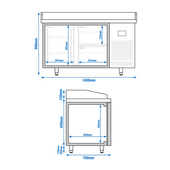Stół chłodniczy do pizzy PREMIUM PLUS - 1490x700 mm - z 1 drzwiami & 2 szufladami - Prime Gastro