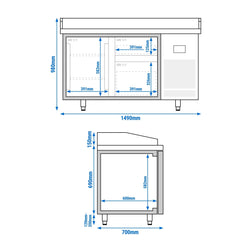 Stół chłodniczy do pizzy PREMIUM PLUS - 1490x700 mm - z 1 drzwiami & 2 szufladami