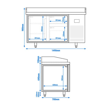 Stół chłodniczy do pizzy PREMIUM PLUS - 1490x700 mm - z 1 drzwiami & 2 szufladami - Prime Gastro
